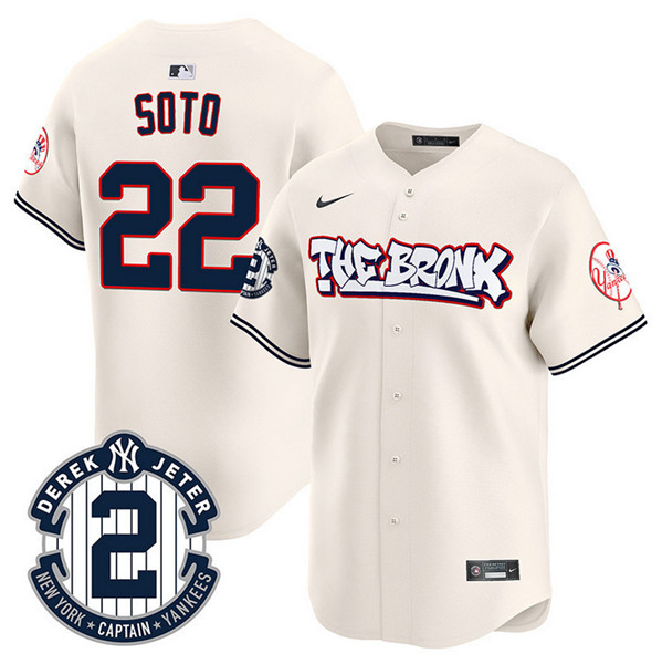 Men's New York Yankees #22 Juan Soto Cream The Bronx Graffiti V2 Vapor Limited Stitched Baseball Jersey Men's New York Yankees #22 Juan Soto Cream The Bronx Graffiti V2 Vapor Limited Stitched Baseball Jersey